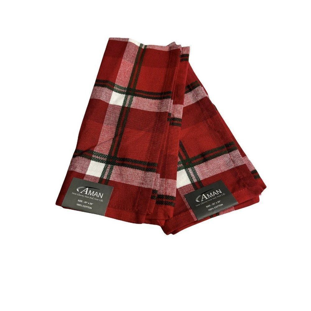 Plaid Red Black White Set of 2 100% Cotton Dinner Napkins / Towel by Aman 20x20”